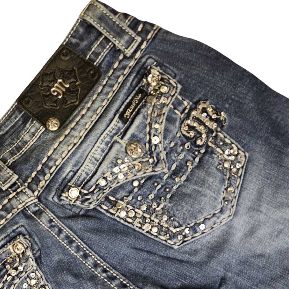 Miss Me Blue Straight Leg Jeans with Ornate Rhinestone Design - Picture 1 of 7